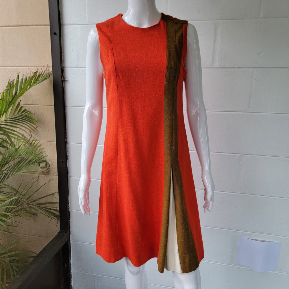 Vintage 60s Stacy Ames Dress Orange Brown Cream Women's 8 Mod Retro Shift Union - Picture 1 of 16